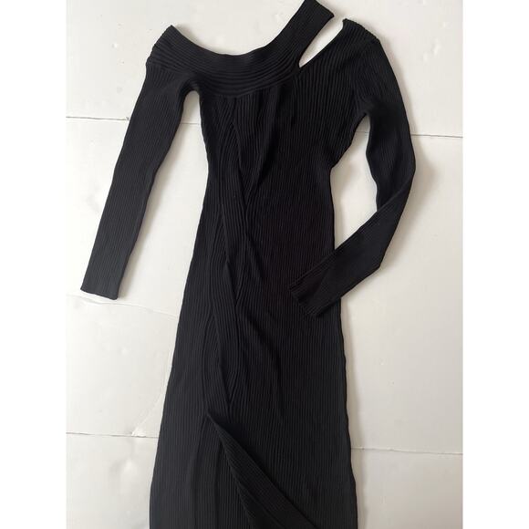 Moon River Anthropology Shoulder Cutout Sweater Dress L Black Ribbed Knit Midi - Picture 4 of 12